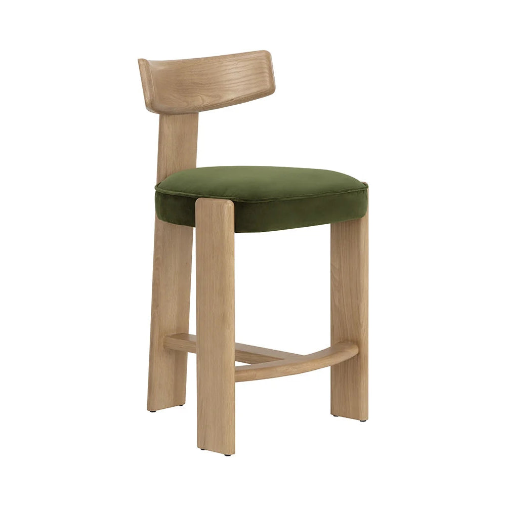 Wooden bar stool with green cushioned seat 