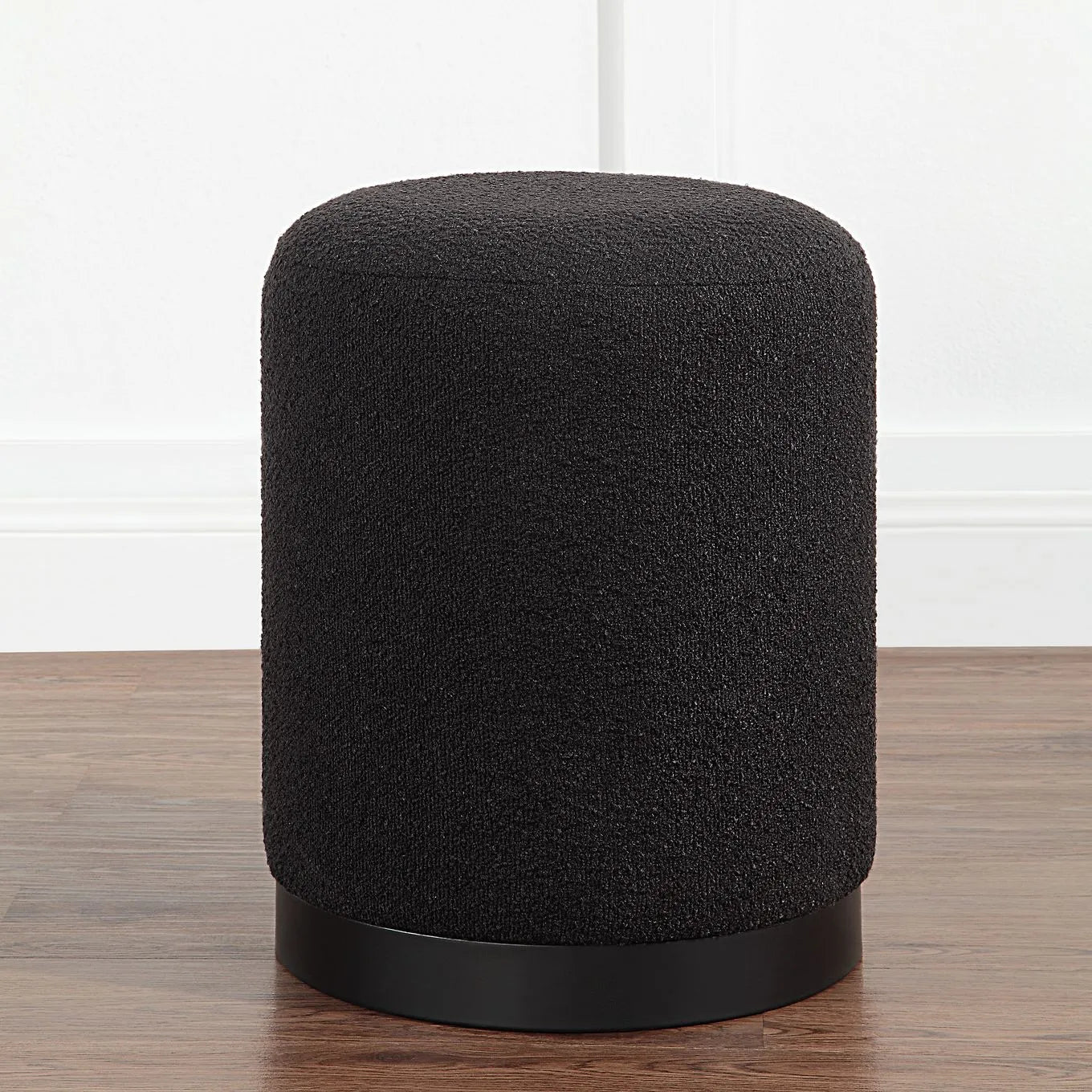 Black Boucle Stool, Modern Boucle Upholstered Stool