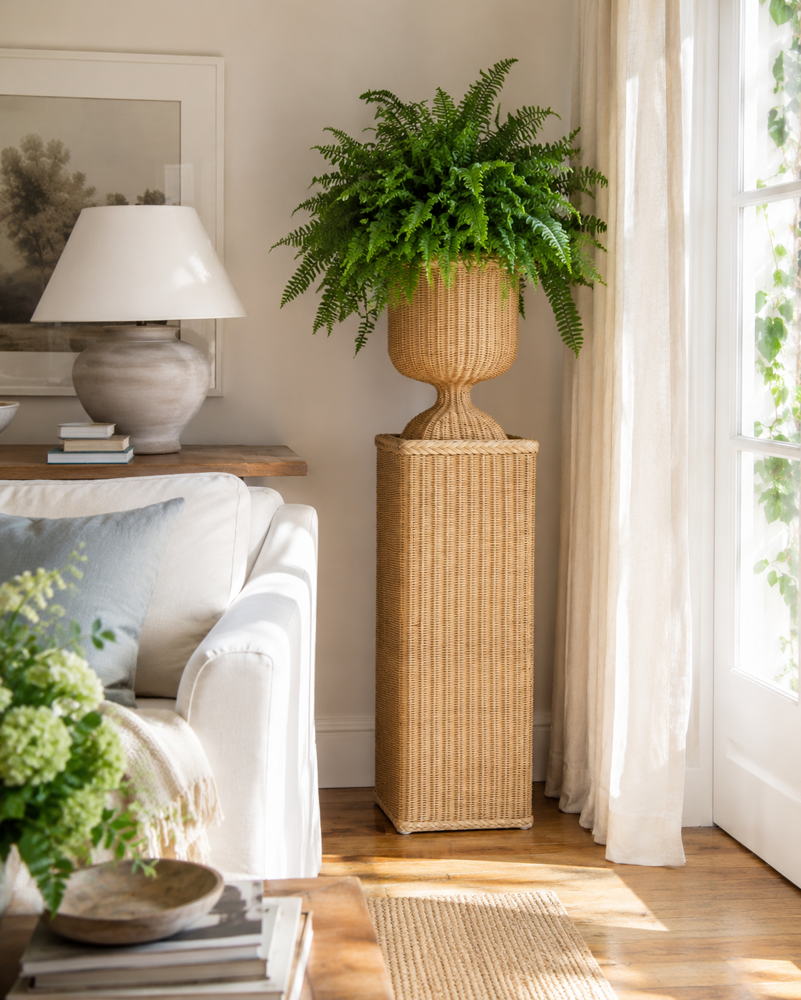 Braided Rattan Urn Planter & Pedestal Stand