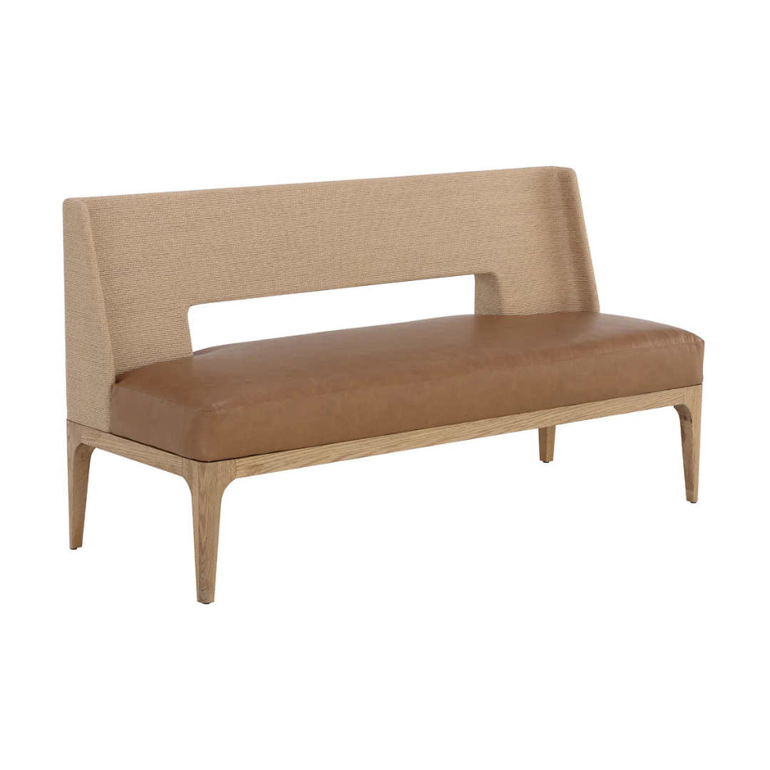 Brocco Banquette, Beige rope bench with a leather cushion 