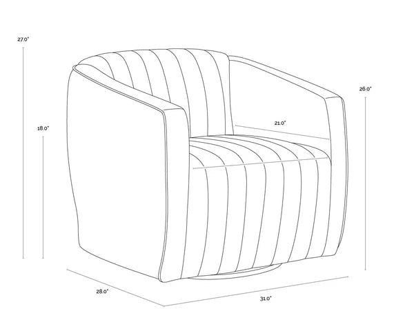 Garrison Swivel Lounge Chair, Gray armchair in a modern living room. 
Line drawing of a chair with dimensions labeled
