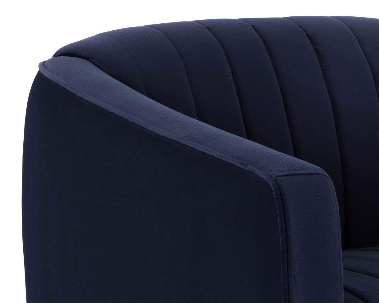 Garrison Swivel Lounge Chair, Navy blue armchair with a tufted backrest on a white background
