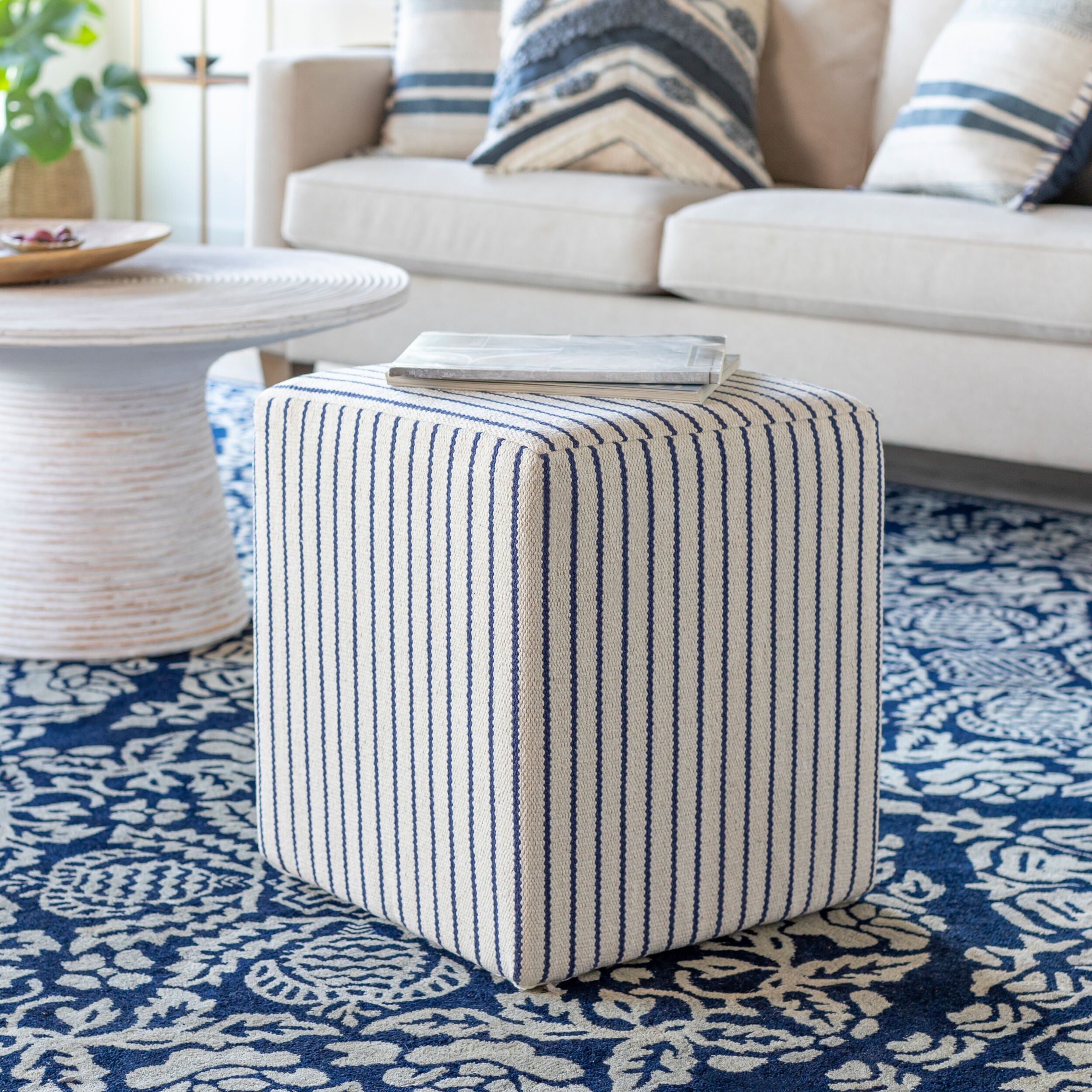 Matchford Navy Stripe Cube Ottoman