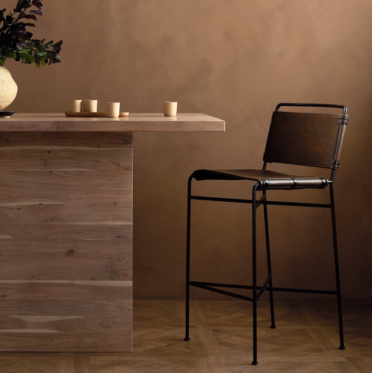 Wharton Distressed Brown Bar + Counter Stool