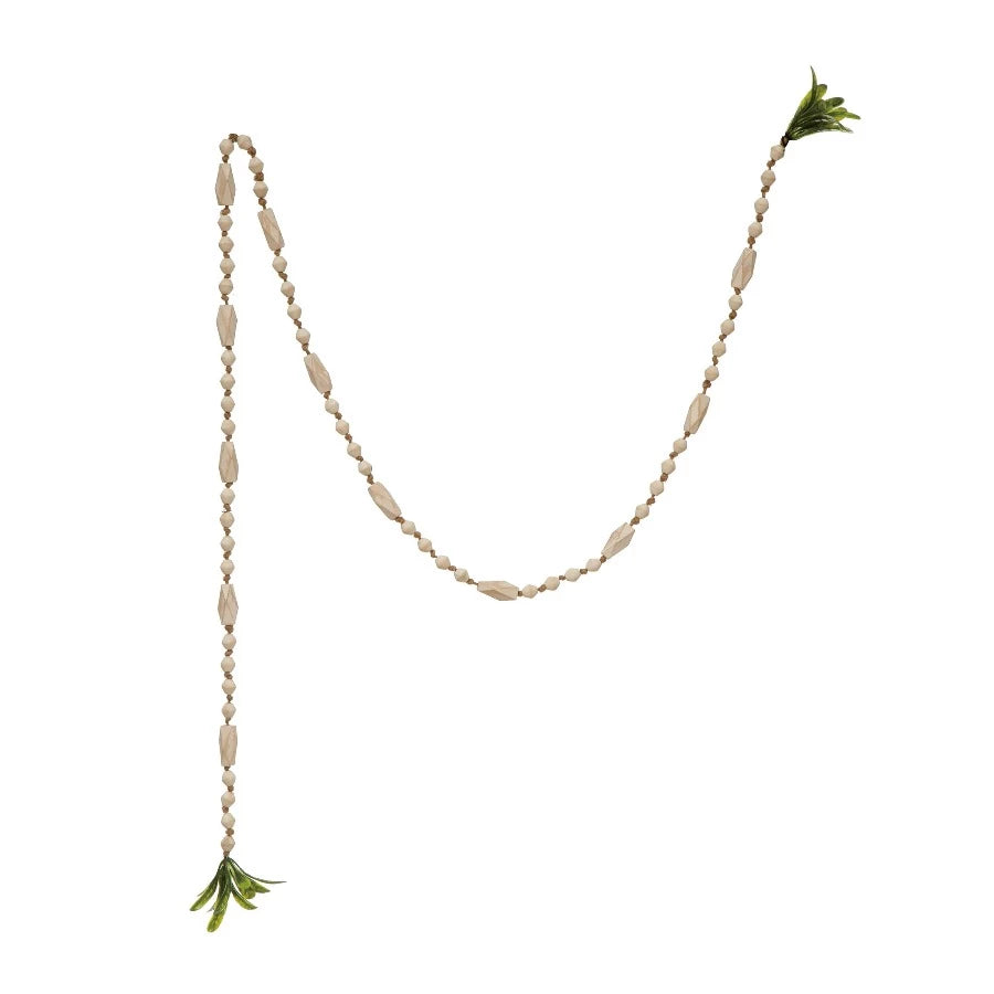 Antique White Paulownia Wood Bead Garland with Faux Greenery Tassels