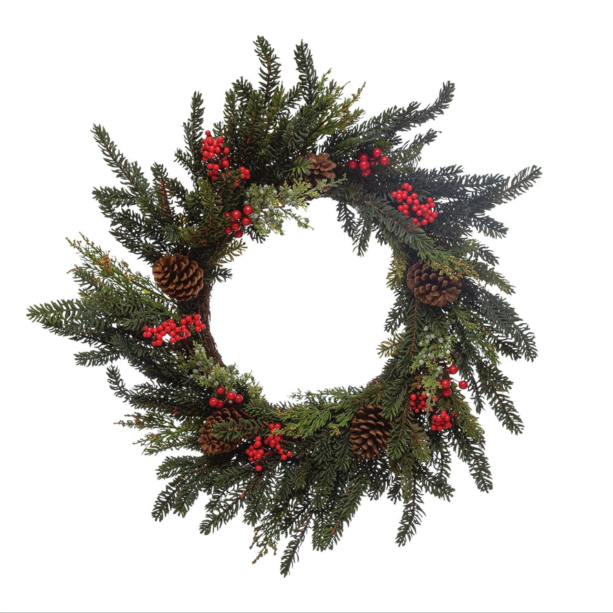 Faux Mixed Evergreen Wreath with Pinecones and Berries