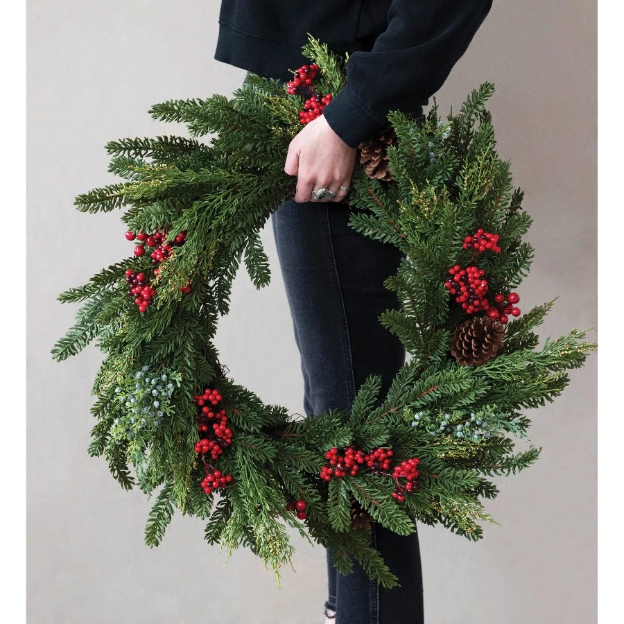 Faux Mixed Evergreen Wreath with Pinecones and Berries